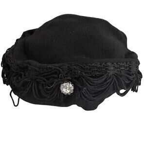 Vintage 1940's WW2 Doeskin Brand Black Wool Felt Pillbox Hat Pinup Round Retro